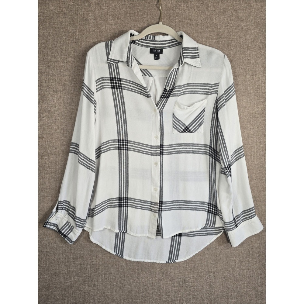 A.N.A. Women's Plaid Button Front Shirt Medium White Black Rayon Long Sleeve